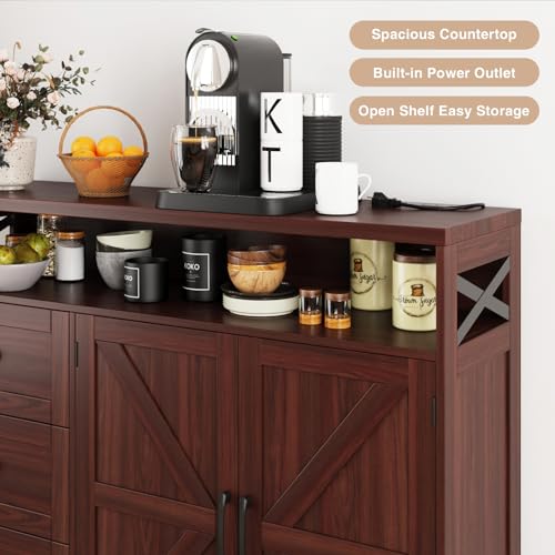 47" Dark Brown Farmhouse Storage Cabinet with Barn Doors and Drawers | Sideboard Buffet Cabinet with Storage, Kitchen Pantry Hutch, Coffee Bar Station Table for Kitchen, Living, Dining Room
