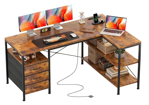 L Shaped Computer Desk, 47 Inch Corner Desk with Drawers and Power Outlets, Home Office Desk for Gaming, Study Writing PC Table with Storage and Reversible Shelf, Rustic Brown