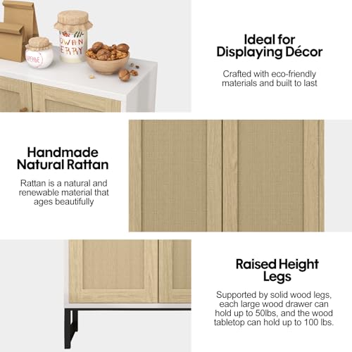 Rattan Decorated 2 Doors Storage Cabinet Accent Cabinet Living Room Cupboard Kitchen Sideboard Buffet Table (White)