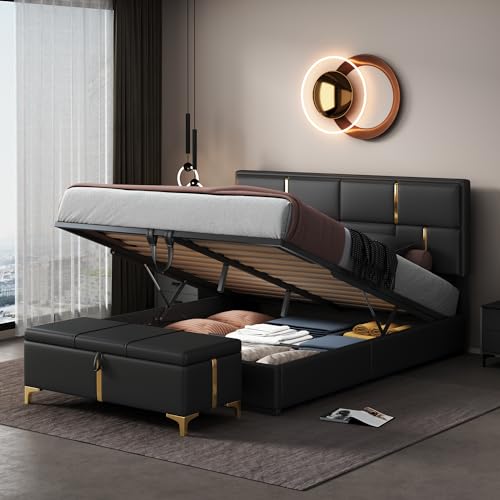 Upholstered Bedroom Furniture Set with Ottoman, Queen Upholstered Platform Bed with Hydraulic Storage System and Storage Ottoman, 2 Piece Bedroom Furniture Set Queen Size, Black