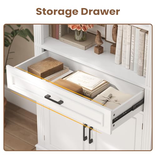 Farmhouse Bookshelves and Bookcases with Doors and Drawer, Bookshelf with Storage, Floor Standing 6 Shelf Display Storage Shelves 70 in Tall Bookshelf for Home Office, Living Room, White