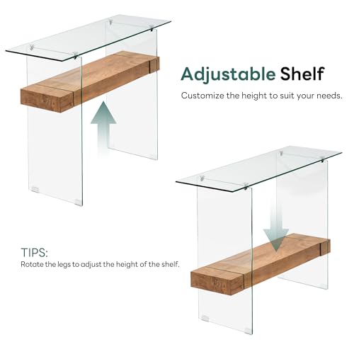 Glass Console Table with Storage, 39.4" Modern Narrow Entryway Table for Living Room, Entrance, Hallway or Bedroom 5101 (Natural Wood)