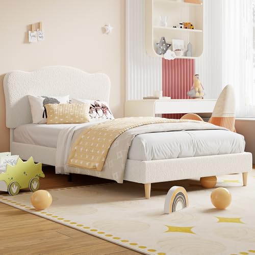 Upholstered Full Size Bed Frame for Kids with Scallop Headboard, view 2
