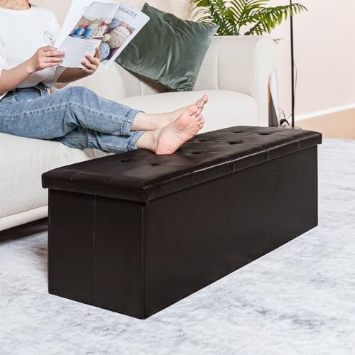 Folding Storage Ottoman Bench, Brown Faux Leather Long Storage Chest Footstool Seat, Bench for Bedroom and Hallway, 43.3"x15.7"x15.7"