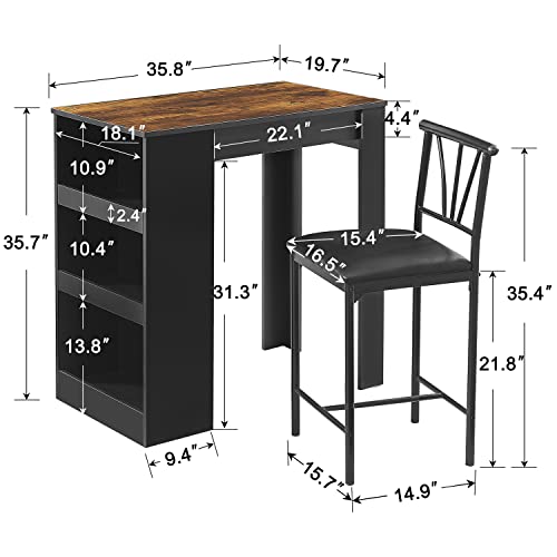 Small Bar Table and Chairs Tall Kitchen Breakfast Nook with Stools/Dining Set for 2, Storage Shelves, Space-Saving, Retro