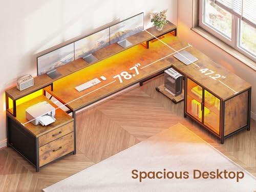 78.7” Large L Shaped Desk with Storage Drawers, Office Desk with File Drawer and Display Cabinet, L Shaped Gaming Desk with Storage, Power Outlet and LED Lights for Home Office, Rustic Brown
