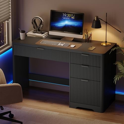 47" Office Desk with 4 Fluted Drawers, Wooden Home Exectuive Desk with A File Drawer, Modern Farmhouse Computer Desk for Work, Study, Home Office, Bedroom,Pure Black