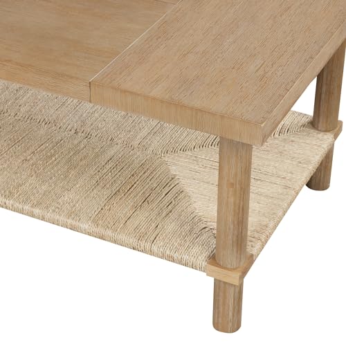 Nathan James Beacon Bohemian Coffee Table with Storage, 2-Tier Rectangle Coffee Table with Solid Wood Legs and Seagrass Shelf, Light Brown