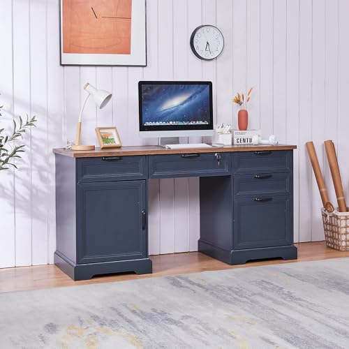 60" Farmhouse Executive Desk with Charging Station,Home Office Desk with 4 Drawers & 1 Cabinet&1 File Cabinet,Main Drawer with Lock,Wood Desk for Office and Home