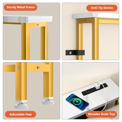 90" Narrow Sofa Table with Outlets (2 AC Outlets & 2 USB Ports), Behind Couch Table with Charging Station, Long Skinny Console Table for Living Room, Entryway and Hallway (White & Gold)