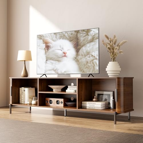 70" Mid-Century Fluted TV Stand with Storage up to 80 Inch, Walnut | Modern Entertainment Center with Sliding Doors & Open Shelves