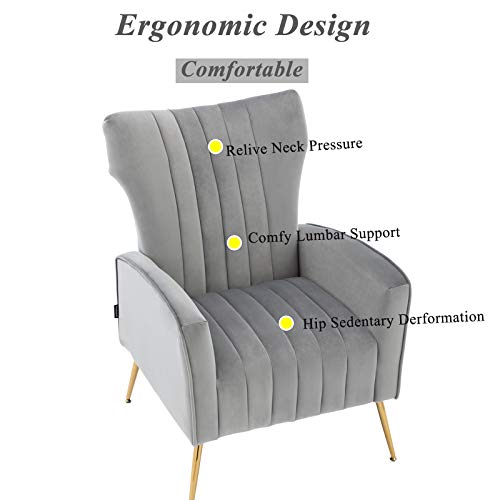 Curved Tufted Accent Chair with Metal Gold Legs Velvet Upholstered Arm Club Leisure Modern Chair for Living Room Bedroom Patio, Grey