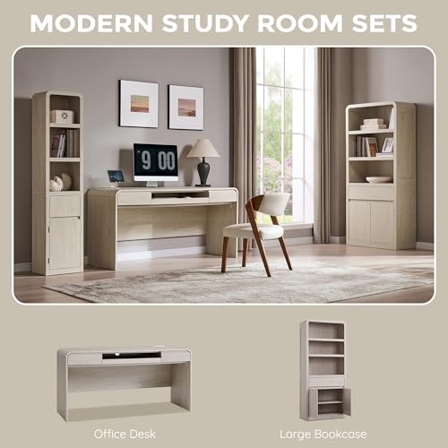 63" Modern Computer Desk with 2 Drawers, Wood Curved (Cream), view 7