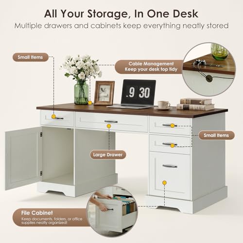 Farmhouse 59 Inch Executive Desk with Drawers, Walnut+White, view 6