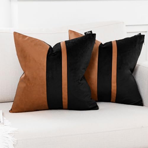 Set of 2 Black and Brown Decorative Throw Pillow Covers 20x20 Inch Faux Leather, view 2