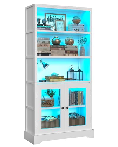 5-Tier Bookshelf, 65" Bookshelf with Multi-Color Ambient Lights (APP Remote Control), Tall Vertical Display Shelf with Cabinet Doors, Suitable for Living Room, Bedroom, Study, Office, White