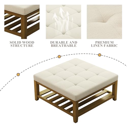 Large Square Ottoman Coffee Table, Linen Solid Upholstered Footrest Ottoman with Solid Wood Shelf Storage Tufted Coffee Table for Bedroom Living Room, Ivory