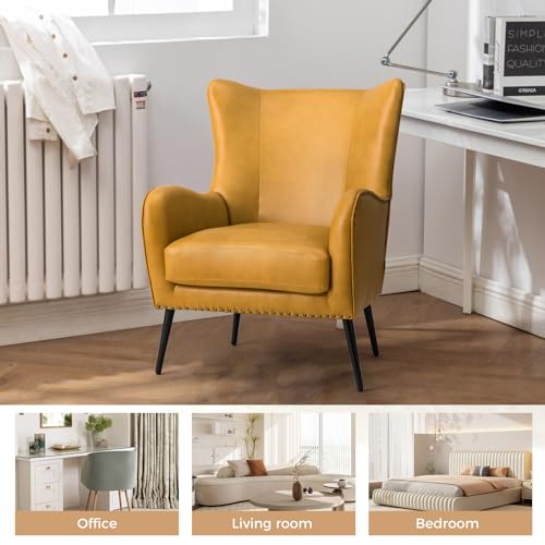 Faux Leather Accent Chair with Removable Cushion, Comfy Upholstered Armchair with Black Metal Legs & Nailhead Trim Wingback Vanity Chair for Reading Living Room Bedroom, Yellow