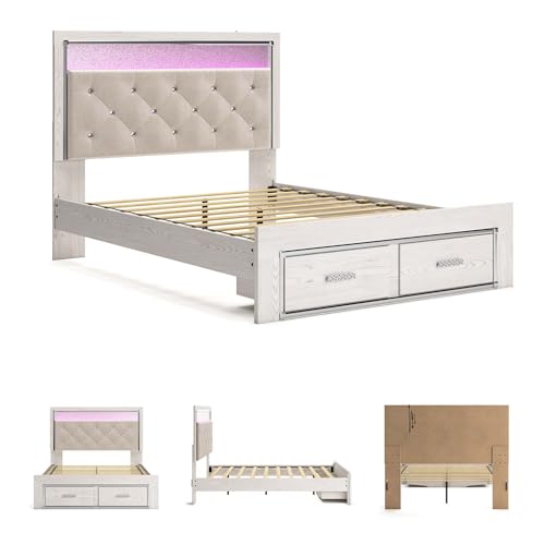Signature Design by Ashley Altyra Contemporary Adjustable Tufted Queen Upholstered Storage Platform Bed with LED Lights and 2 Drawers, Foundation or Box Spring Not Needed, White & Gray