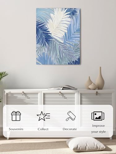 NuYeBiofx Watercolor Blue White Banana Palm Leaf Canvas Wall Art Prints,48"x32" Framed Picture Artwork Farm Tropical Leaves Printed Canvas Oil Painting for Living Room Bedroom Office,Ready to Hang