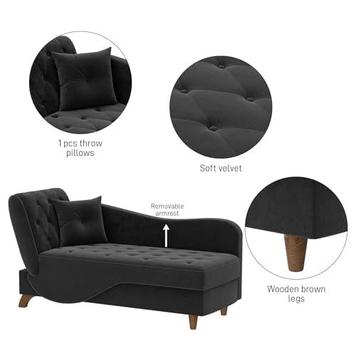 Indoor Velvet Chaise Lounge Chair with Storage for Living Room, Black, view 7