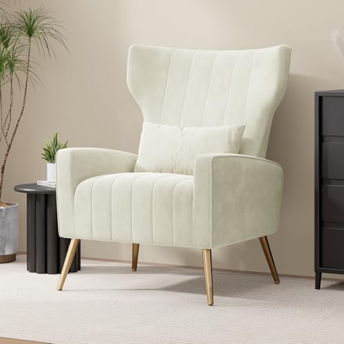 Velvet Accent Chair Wingback for Living Room, High Back Arm Chair with Golden Legs Lumbar Pillow, Upholstered Single Sofa Bedroom Beige