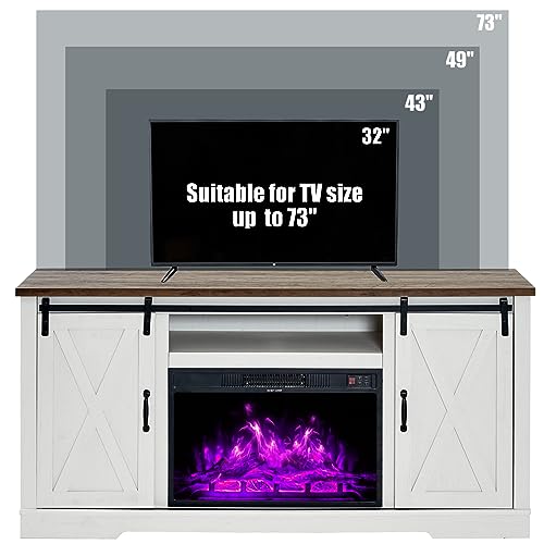 5-Piece Farmhouse Table Set Includes Fireplace TV Stand, Coffee Table& Two End Tables with Charging Station and USB Ports, for Living Room, Distressed White, 63"