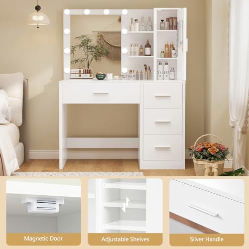 Vanity Desk with Mirror and Lights, Makeup Vanity with 4 Drawers, view 8
