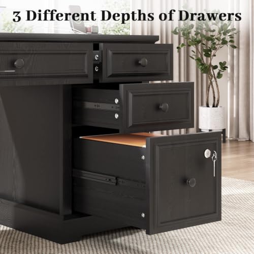 59" Farmhouse Executive Office Desk with Drawers Lock File Cabinet, view 7
