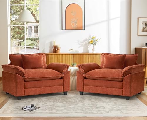 Oversized Accent Chair, Chenille Comfy Cloud Sofa Chair with Large Seat and Upholstered Armrests, Modern Extra Wide Armchair Reading Chairs for Bedroom, Living Room,Set of 2,Terracotta Orange