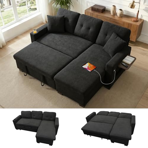 82" L Shaped Sleeper Sofa Bed, Pull Out Sectional Couch with Storage Chaise/Reclining Backrest, Sectional Couches for Living Room with USB Port, Foldable Table, Cup Holder, Side Pocket, Black