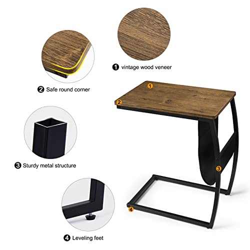 Side Table End Table, Vintage C Shaped Couch Table with Side Pocket for Sofa Laptop Coffee Snack, Walnut