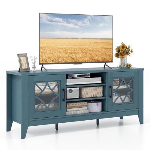 Farmhouse TV Stand for TVs Up to 65-in, Classic Media Entertainment Center w/Glass Door Cabinets & 4 Adjustable Shelves, Modern TV Console Table w/ 3 Cable Holes for Living Room (Teal Blue)