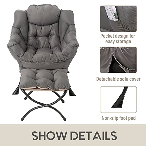 Lazy Chair with Ottoman, Modern Accent Leisure Upholstered Lazy Sofa Armchair, Contemporary Lounge Reading Chair with Armrests and a Side Pocket for Living Room, Bedroom & Small Space, Dark Grey