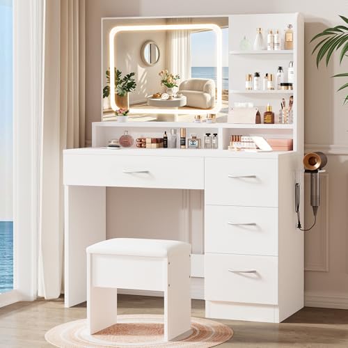 White Makeup Vanity Desk with Charging Station & 4 Drawers, view 2