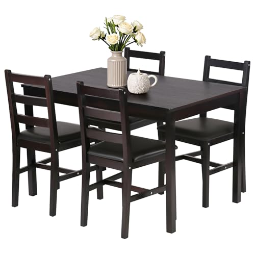 | 5-Piece Solid Wood Dining Table Set for 4 | Brown | Space-Saving Design | Smooth Easy-to-Clean Surface | Pine Kitchen Table with Upholstered Chairs | for Dining Room, Apartment, Restaurant