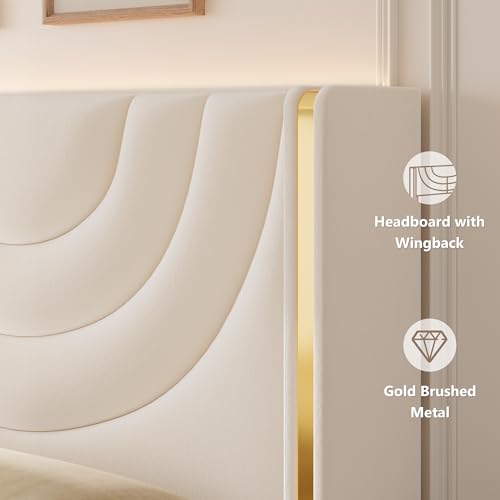 Queen Upholstered LED Bed Frame with 2 Storage Drawers, Velvet Platform Bed with Wingback Headboard, Solid Wooden Slats Support, No Box Spring Needed, Headboard Splicing Design, Beige