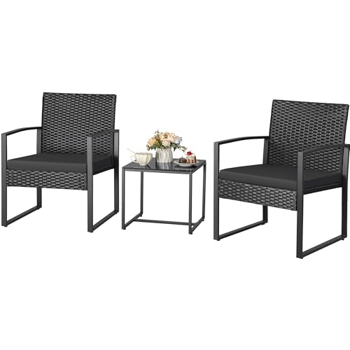 3 Piece Wicker Conversation Bistro Sets Outdoor Patio Set Modern Rattan Chair Furniture Sets with Coffee Table for Yard Garden Porch Lawn (Black)