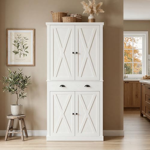 72.6" Tall Farmhouse Kitchen Pantry with Drawer and Adjustable Shelves, Freestanding Storage Cabinet with X-Design Doors, Large Floor Cupboard for Kitchen, Dining Room, White