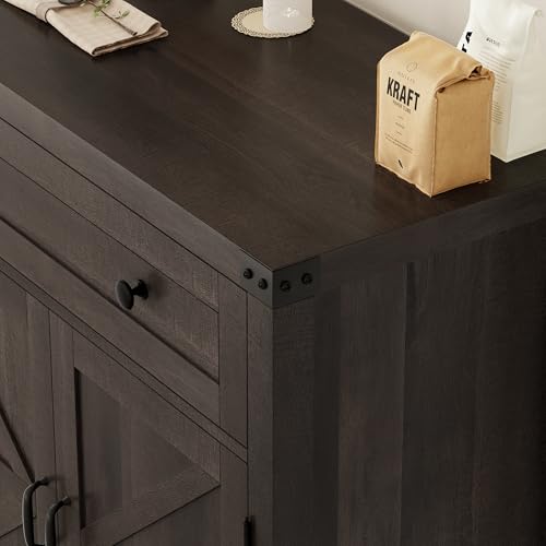 Coffee Bar Cabinet, Kitchen Storage Cabinet, Modern Farmhouse Buffet Sideboard with Drawer and Adjustable Shelf, Barn Door Accent Cabinets for Kitchen, Dining Room, Entryway, Dark Brown