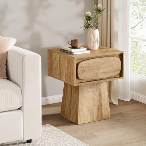 Tribesigns 2PCS End Table with Storage Drawer, Modern Wooden Side Table with Curved Handle, Small Nightstand for Living Room, Bedroom, Small Spaces (Natural Wood Color)