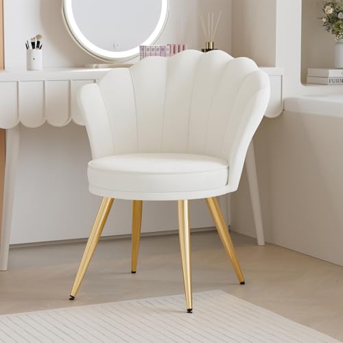 Velvet Accent Chair with Gold Metal Legs, Vanity Chair for Makeup Room, Upholstered Guest Chair for Living Room, for Bedroom, White