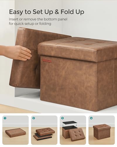 SONGMICS Small Folding Storage Ottoman, Synthetic Leather, Coffee Brown | Foot Rest Stool, Cube Footrest, 12.2 x 16.1 x 12.2 Inches, 286 lb Capacity, Bedroom, Dorm, ULSF100K01