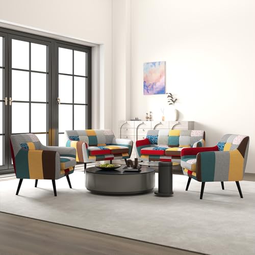 Modern Colorful 3 Piece Coroful Fabric Sofa Set, Included 2 Accent Chairs and Boho Loveseat, Linen Patchwork Plaid Couches with Rubberwood Legs and Removable Upholstered for Living Room