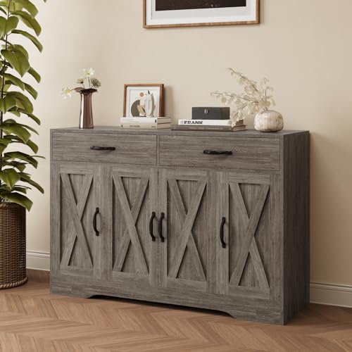 Sideboard Cabinet with Drawers, 47" W Sideboard Buffet Storage Cabinet with Storage for Kitchen, Farmhouse Coffee Bar Cabinets with Shlves and Doors for Hallway, Gray