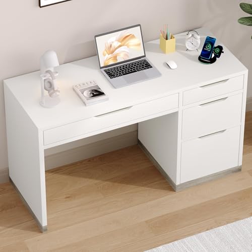 White Desk with 4 Drawers, 52 Inch Modern Computer Desk with Storage for Bedroom, Home Office Writing Desk for Small Spaces, Minimalist White Writing Desk