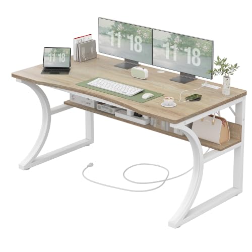 47 Inch Desk with Storage Shelf, One-Piece Curved Desktop, Maple, view 2