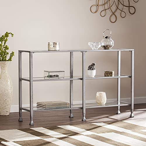 Jaymes 3 Tier Glass Console Media Table, Silver Frame Finish, distressed silver (AMZ1770MC)