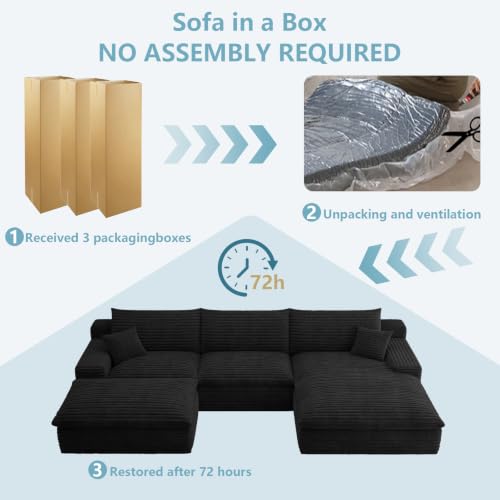 107" Cloud Sectional Couch with U-Shaped Chaise,Corduroy Viral Boneless Sofa with Ottoman,Memory Foam Couches in a Box with Deep Seat for Living Room,No Assembly Required (Black,Right-Facing Chaise)