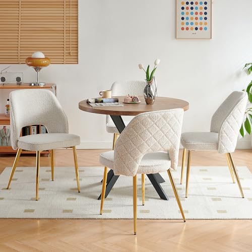 Modern Dining Chair Set of 4, Beige Boucle Accent Chairs with Golden Metal Legs, Upholstered Back Side Chairs for Kitchen Living Room Bedroom